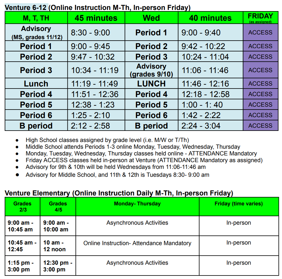 Venture Independent Study - BELL SCHEDULE